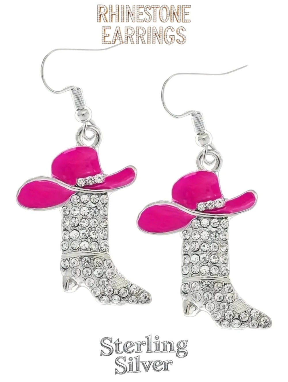 925 Sterling Silver Pink Rhinestone Cowboy Boot Earrings- Hypoallergenic